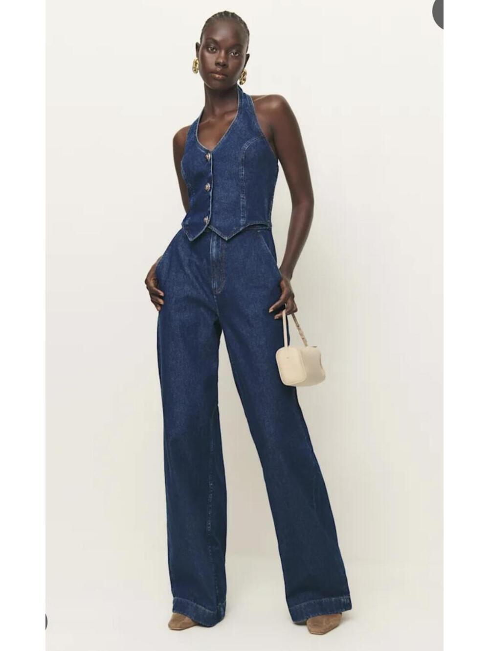 Reformation Lorenza Denim Jumpsuit Dark Blue with Wide Legs Size 2